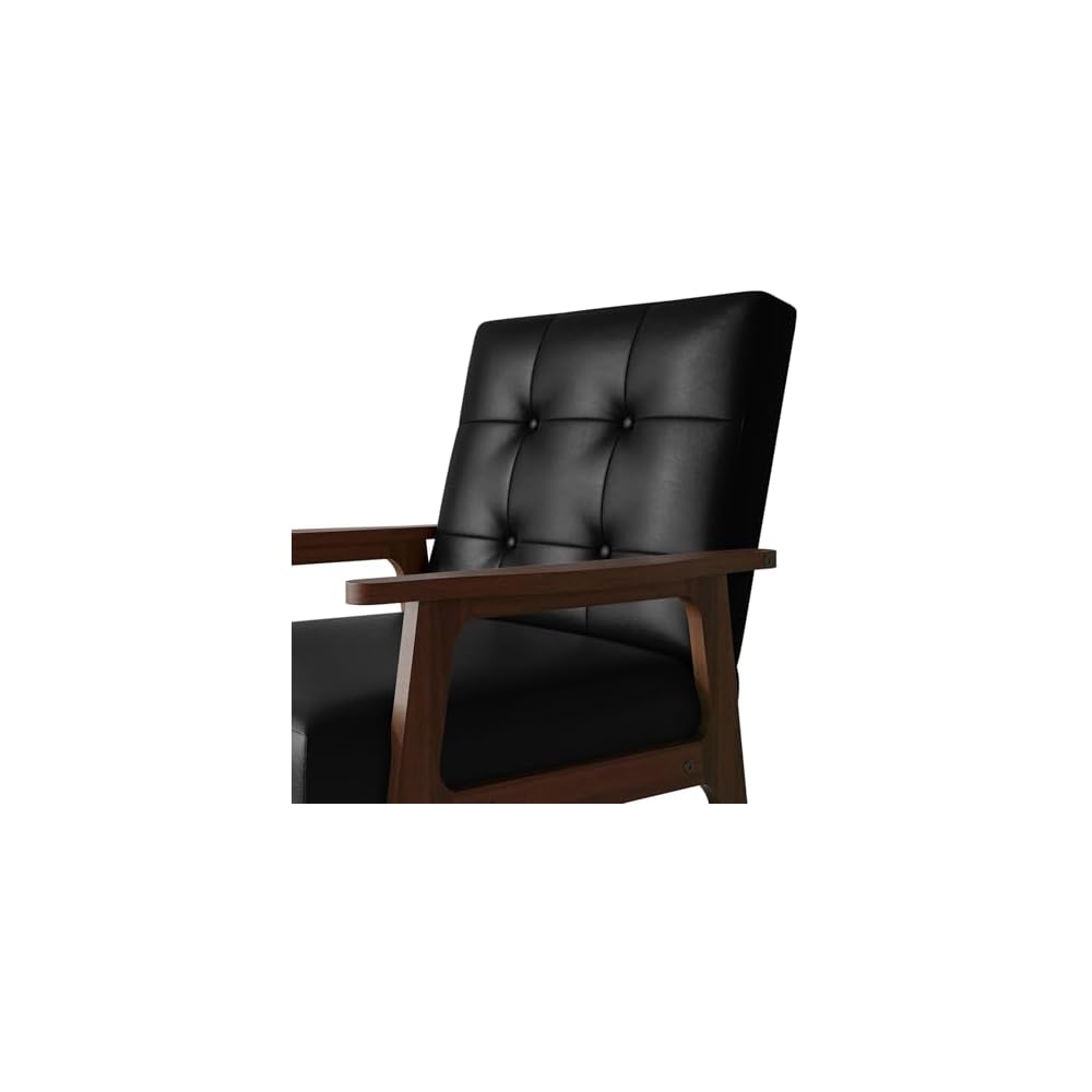 Accent Chair with Button-Tufted, Polyurethane Upholstery, Wooden Armrests, Cushioned Seat, Easy Assembly, Black
