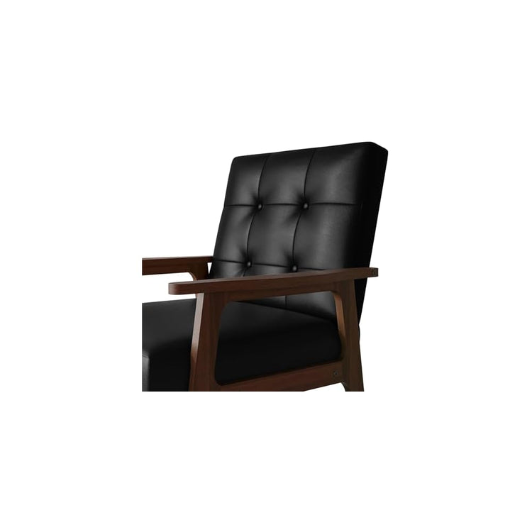 Accent Chair with Button-Tufted, Polyurethane Upholstery, Wooden Armrests, Cushioned Seat, Easy Assembly, Black
