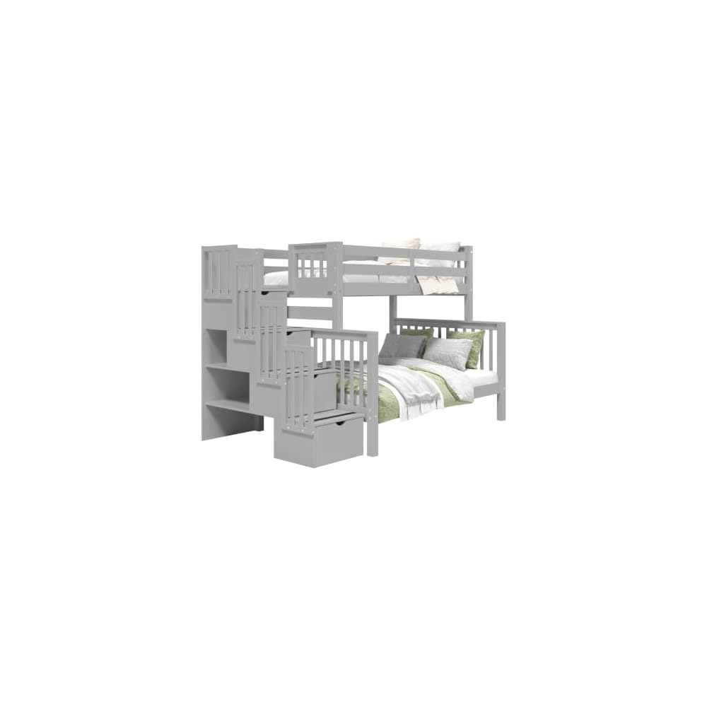 Bedz King Stairway Bunk Beds Twin Over Full with 4 Drawers in the Steps, Gray