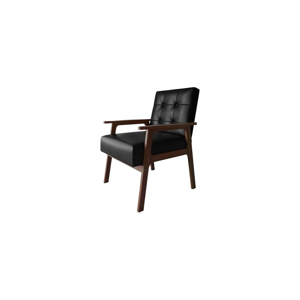 Accent Chair with Button-Tufted, Polyurethane Upholstery, Wooden Armrests, Cushioned Seat, Easy Assembly, Black