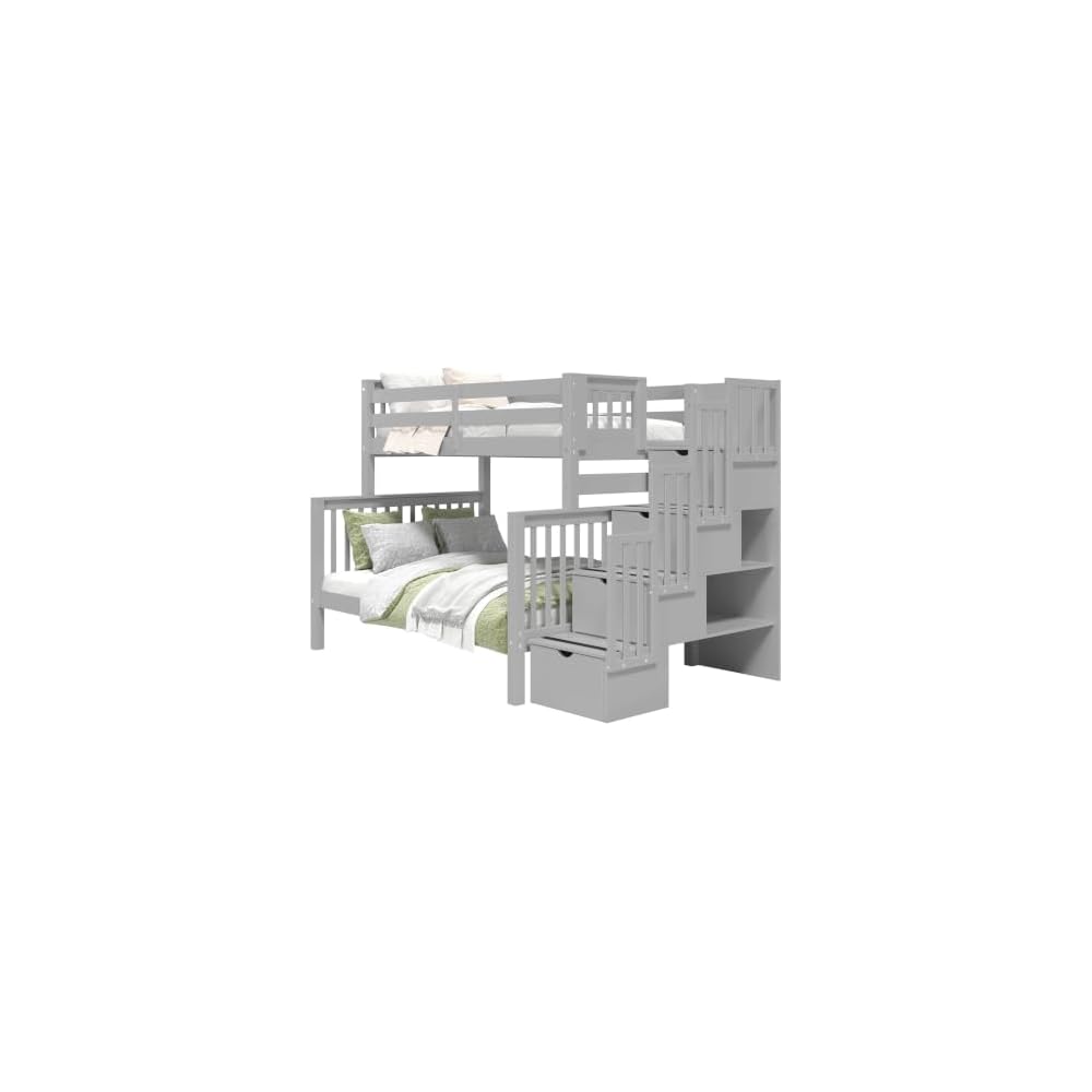 Bedz King Stairway Bunk Beds Twin Over Full with 4 Drawers in the Steps, Gray