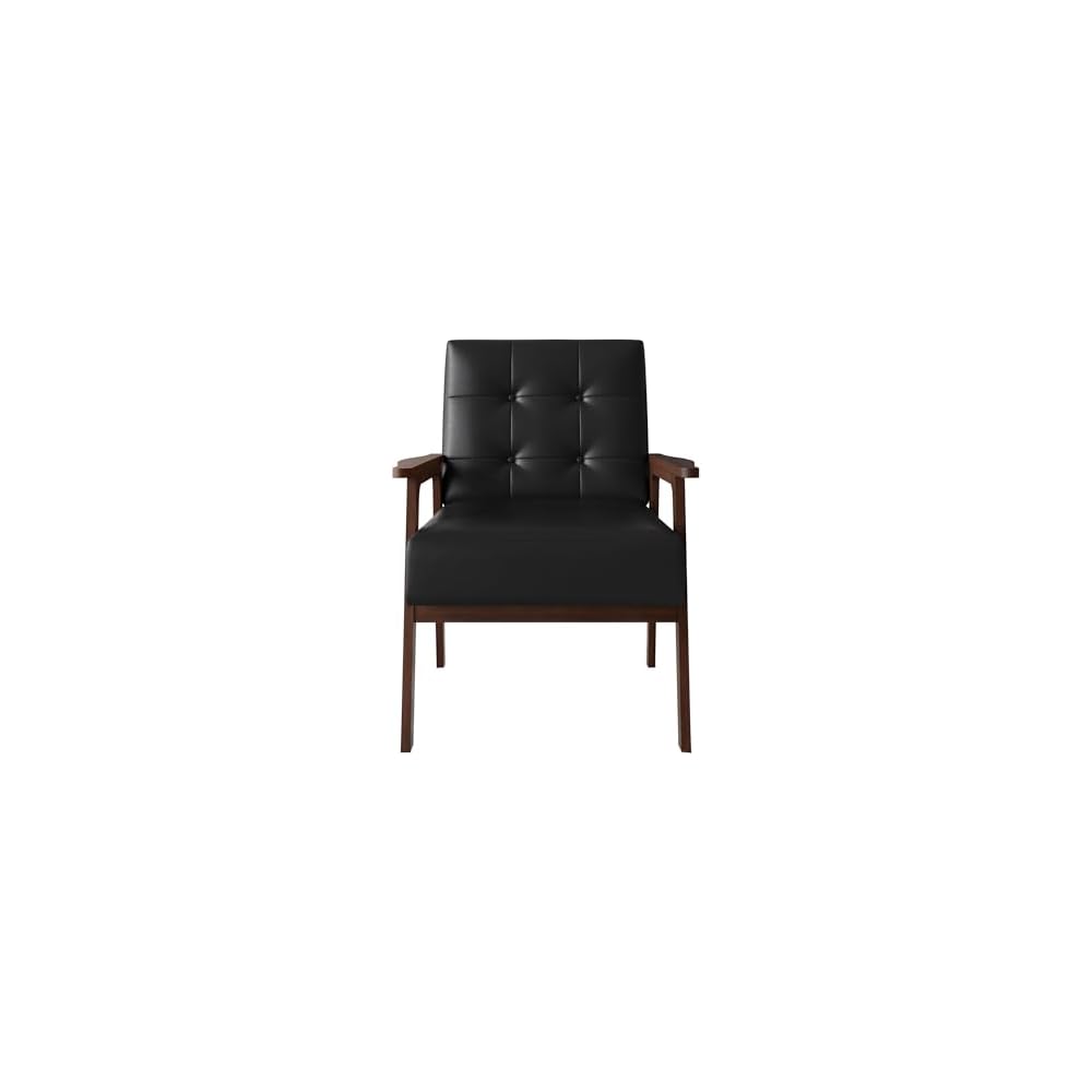 Accent Chair with Button-Tufted, Polyurethane Upholstery, Wooden Armrests, Cushioned Seat, Easy Assembly, Black
