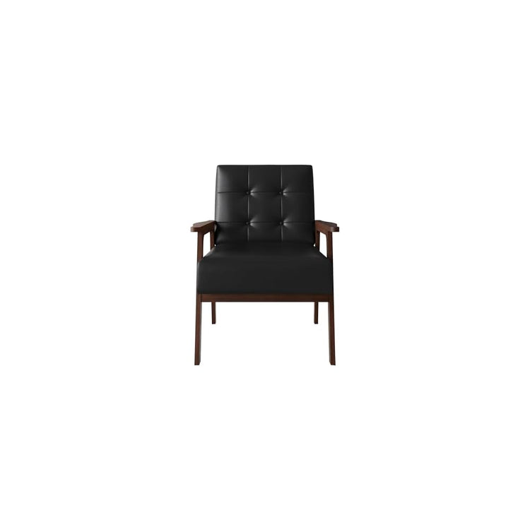 Accent Chair with Button-Tufted, Polyurethane Upholstery, Wooden Armrests, Cushioned Seat, Easy Assembly, Black