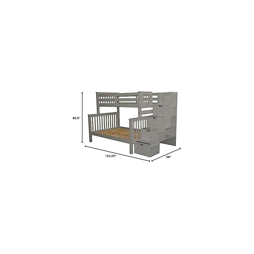 Bedz King Stairway Bunk Beds Twin Over Full with 4 Drawers in the Steps, Gray