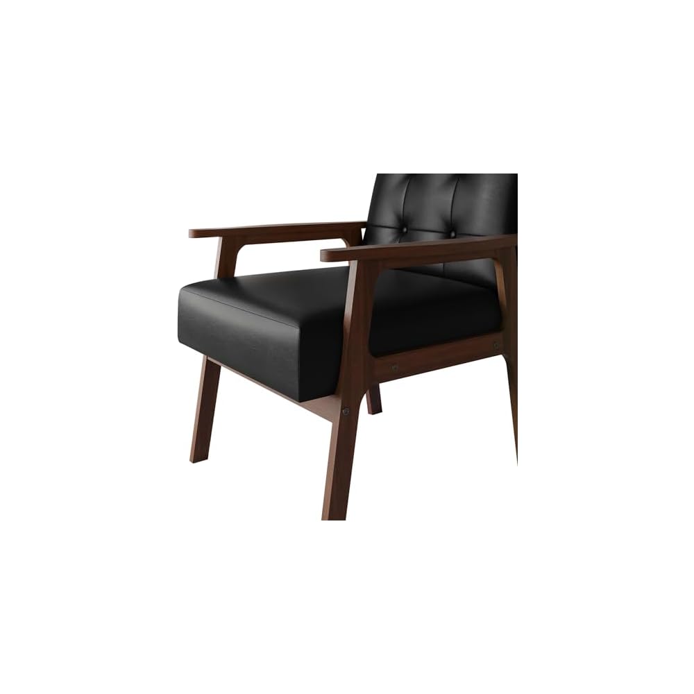 Accent Chair with Button-Tufted, Polyurethane Upholstery, Wooden Armrests, Cushioned Seat, Easy Assembly, Black