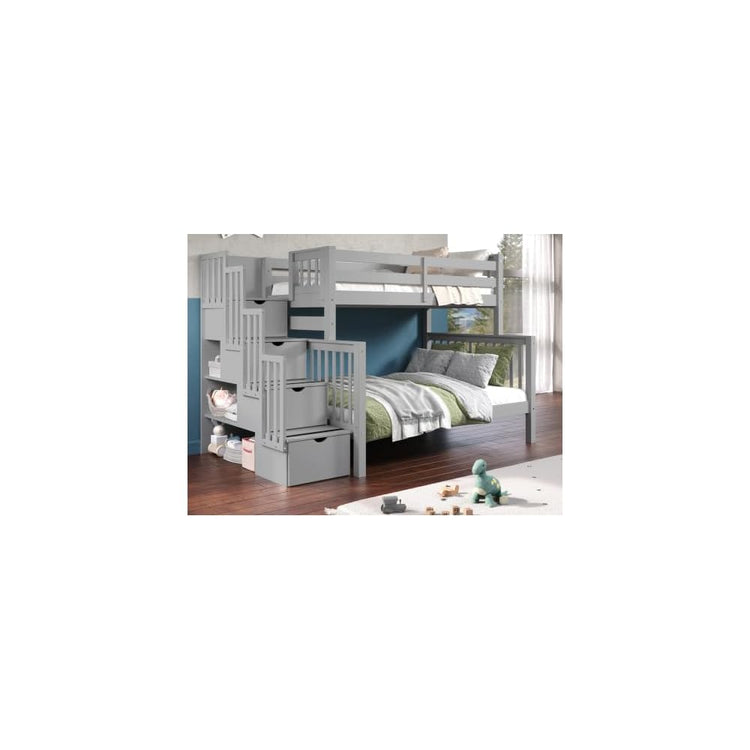 Bedz King Stairway Bunk Beds Twin Over Full with 4 Drawers in the Steps, Gray