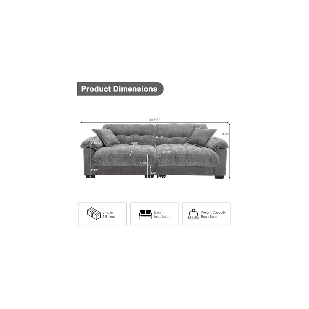 90.55" Cloud Couch Sectional Sofa for Living Room, Modern Love Seat Sofa for Small Spaces, 2 Seater Comfy Cloud Loveseat Small Sleeper Sofa Couch for Bedroom, Grey