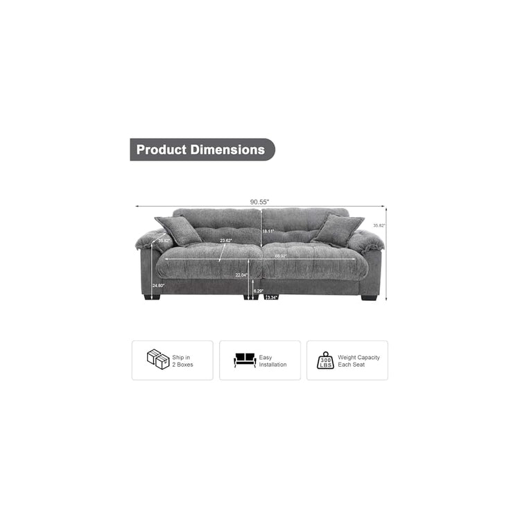 90.55" Cloud Couch Sectional Sofa for Living Room, Modern Love Seat Sofa for Small Spaces, 2 Seater Comfy Cloud Loveseat Small Sleeper Sofa Couch for Bedroom, Grey