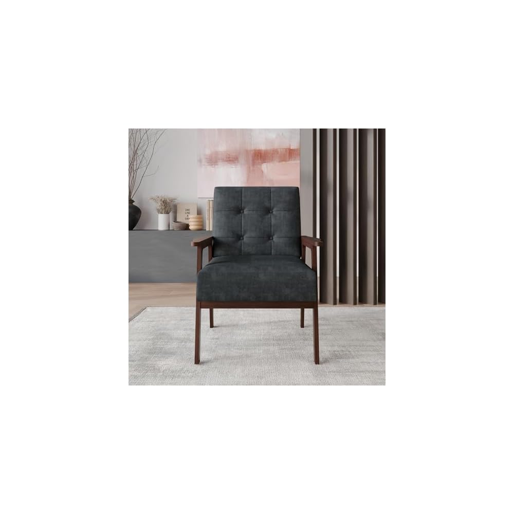 Accent Chair with Button-Tufted, Polyurethane Upholstery, Wooden Armrests, Cushioned Seat, Easy Assembly, Black