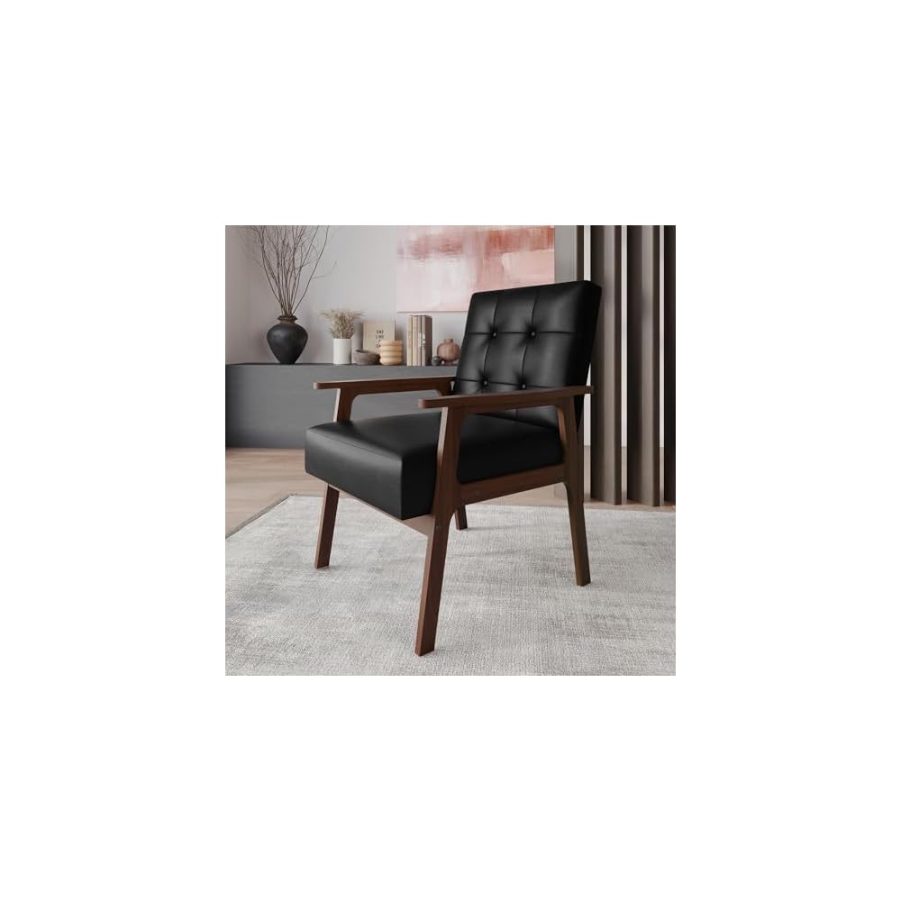 Accent Chair with Button-Tufted, Polyurethane Upholstery, Wooden Armrests, Cushioned Seat, Easy Assembly, Black