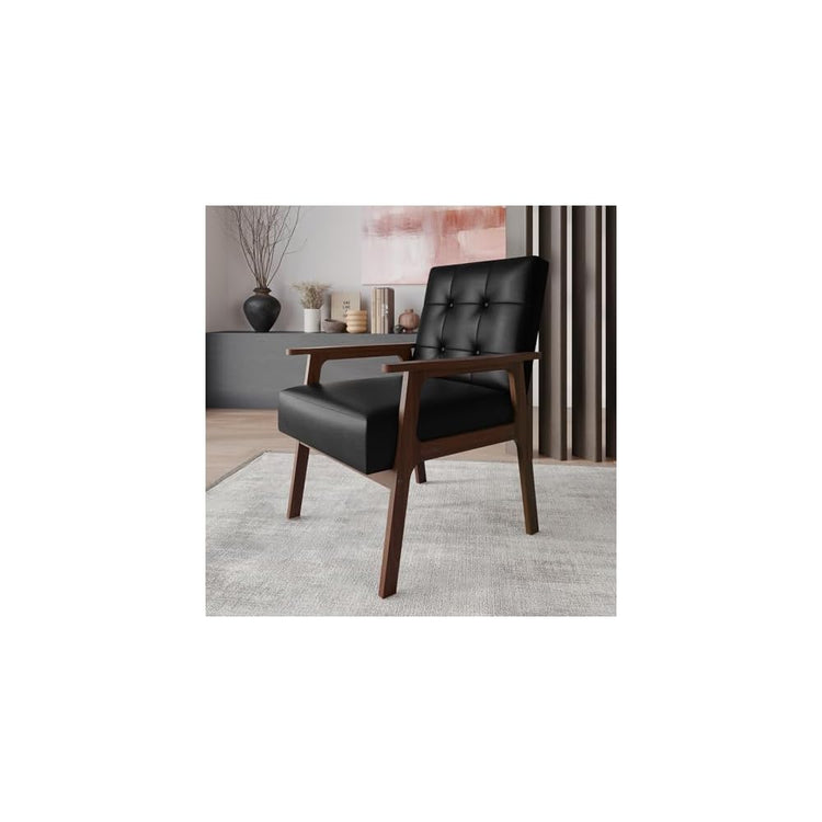 Accent Chair with Button-Tufted, Polyurethane Upholstery, Wooden Armrests, Cushioned Seat, Easy Assembly, Black