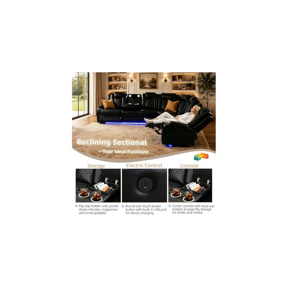 Breathing Leather Reclining Sofa Set,Power Recliner Sectional Couch with LED Light,Modern Living Room Furniture Set,Reclining Sectional Couch Set with USB Port/Storage for Home/Home Theater