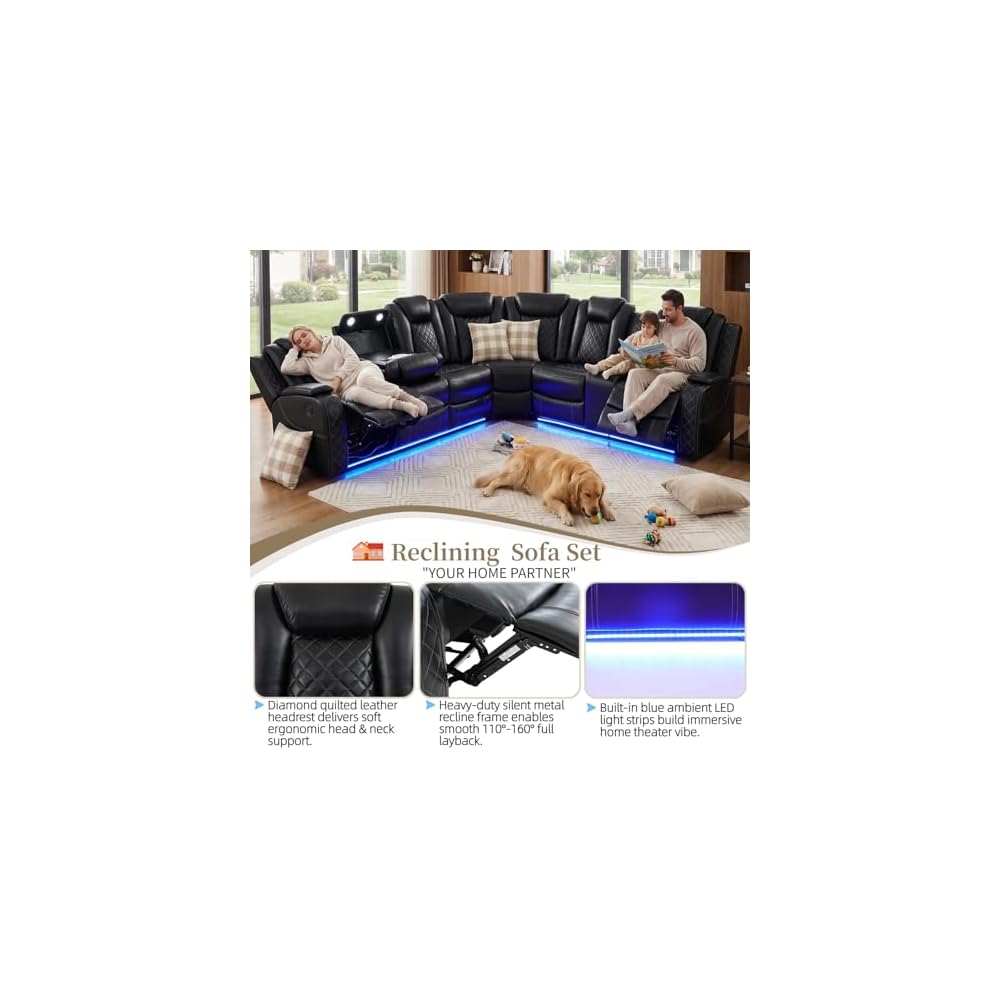 Breathing Leather Reclining Sofa Set,Power Recliner Sectional Couch with LED Light,Modern Living Room Furniture Set,Reclining Sectional Couch Set with USB Port/Storage for Home/Home Theater