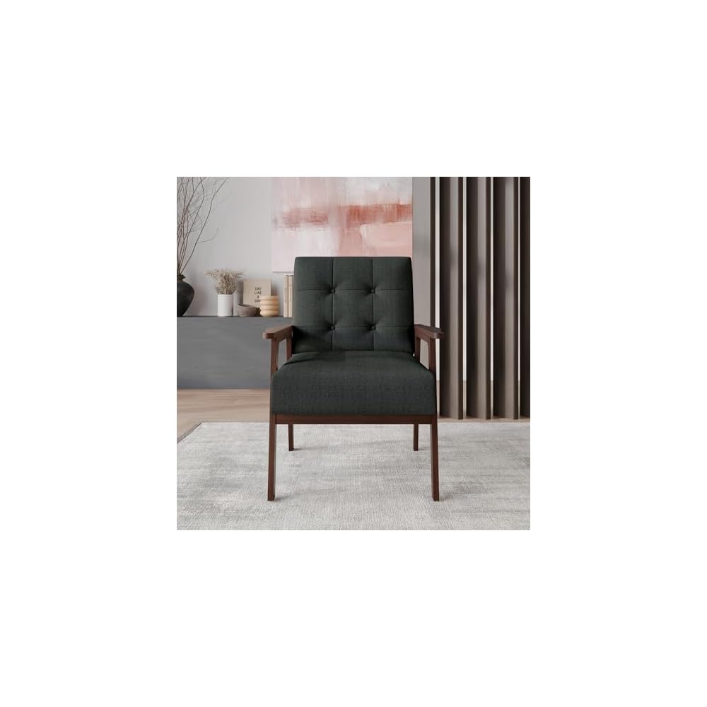 Accent Chair with Button-Tufted, Polyurethane Upholstery, Wooden Armrests, Cushioned Seat, Easy Assembly, Black