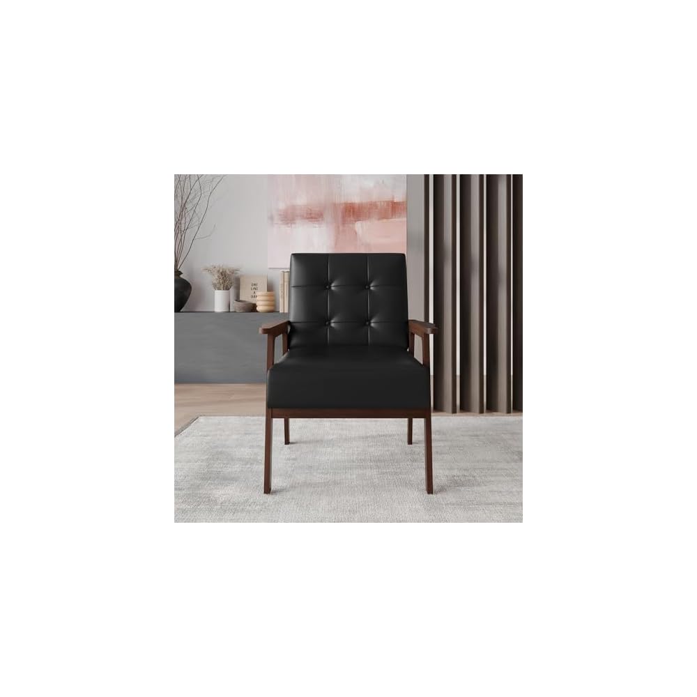 Accent Chair with Button-Tufted, Polyurethane Upholstery, Wooden Armrests, Cushioned Seat, Easy Assembly, Black