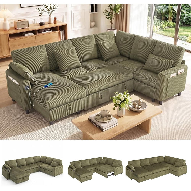 EROMMY 6-Seater Modular Sofa Bed with Reversible Storage Chaise Lounge, Corduroy U-Shaped Convertible Sleeper Couch Set with Double Storage and USB Type-C Charging Ports for Living Room, Green