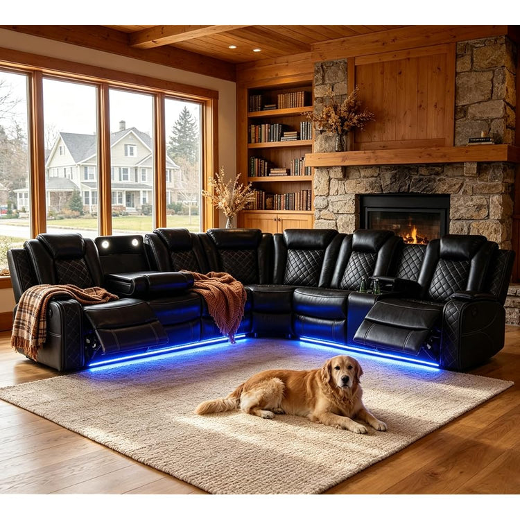 Breathing Leather Reclining Sofa Set,Power Recliner Sectional Couch with LED Light,Modern Living Room Furniture Set,Reclining Sectional Couch Set with USB Port/Storage for Home/Home Theater