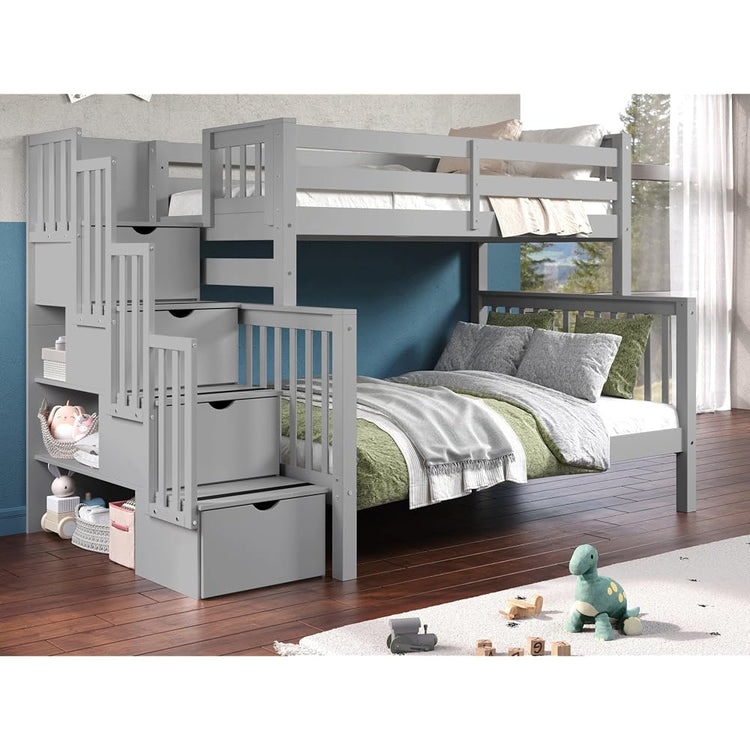 Bedz King Stairway Bunk Beds Twin Over Full with 4 Drawers in the Steps, Gray