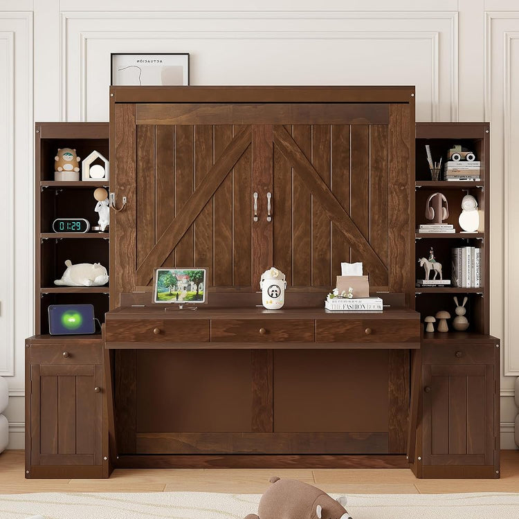 Merax Queen Size Murphy Bed with 2 LED Lights,Desk & Storage, Space-Saving Wood Wall Bed with Cabinets & Drawers, Dark Brown