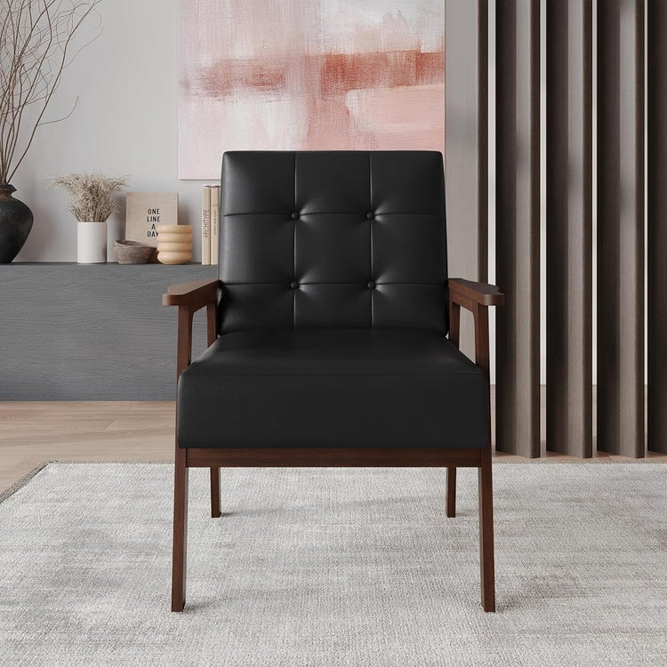 Accent Chair with Button-Tufted, Polyurethane Upholstery, Wooden Armrests, Cushioned Seat, Easy Assembly, Black